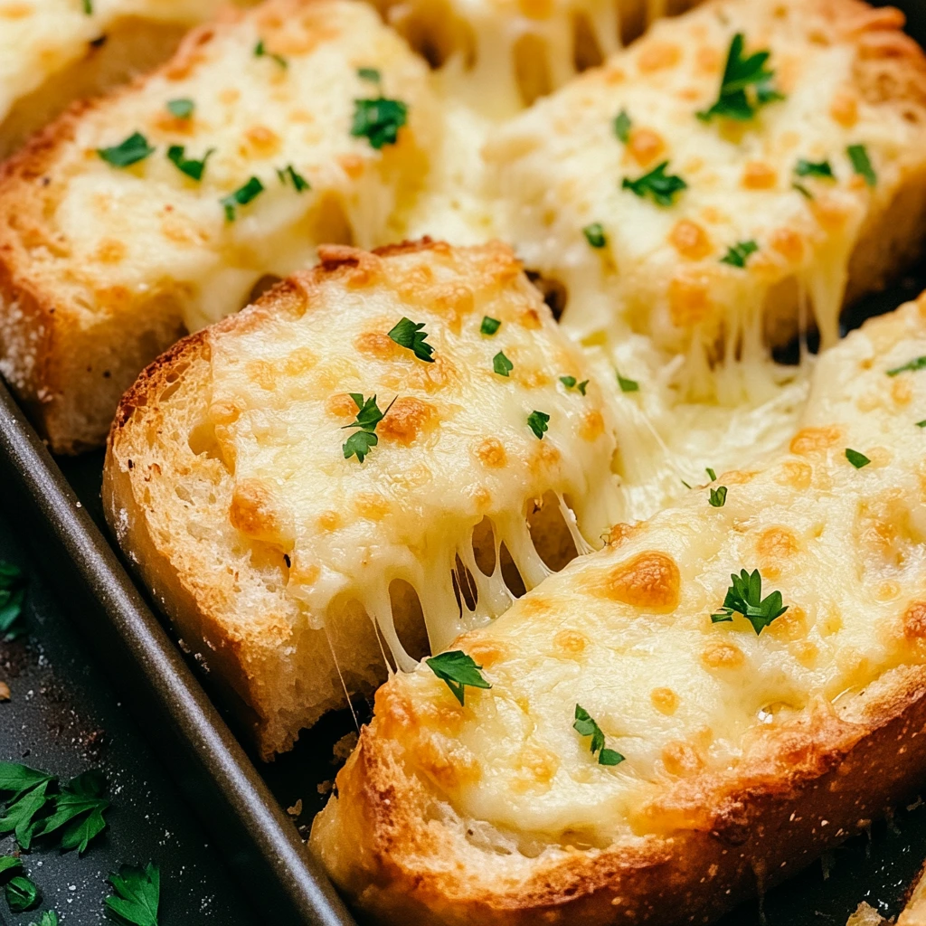 A tempting bread snack loaded with melted cheese and zesty garlic on toasted slices.