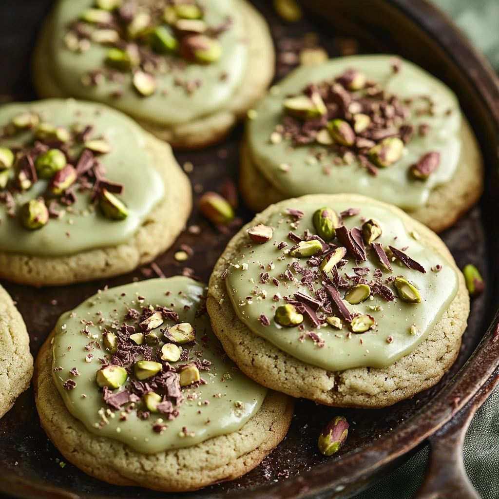 Pistachio-filled cookies with a green center and golden chocolate bits, looking soft and tempting.