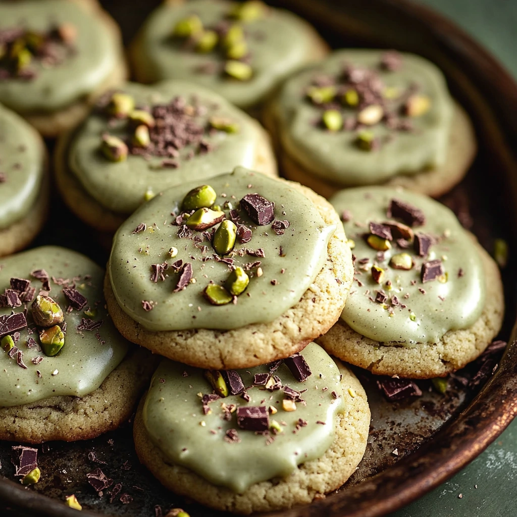 Close-up of soft pistachio cream cookies.