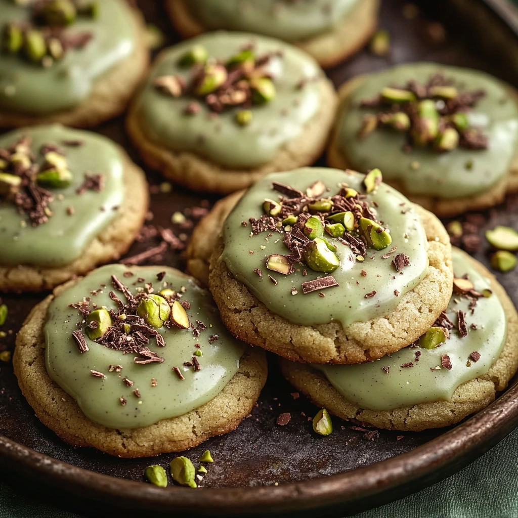 Platter of soft pistachio cream cookies with a smooth texture and subtle green color.