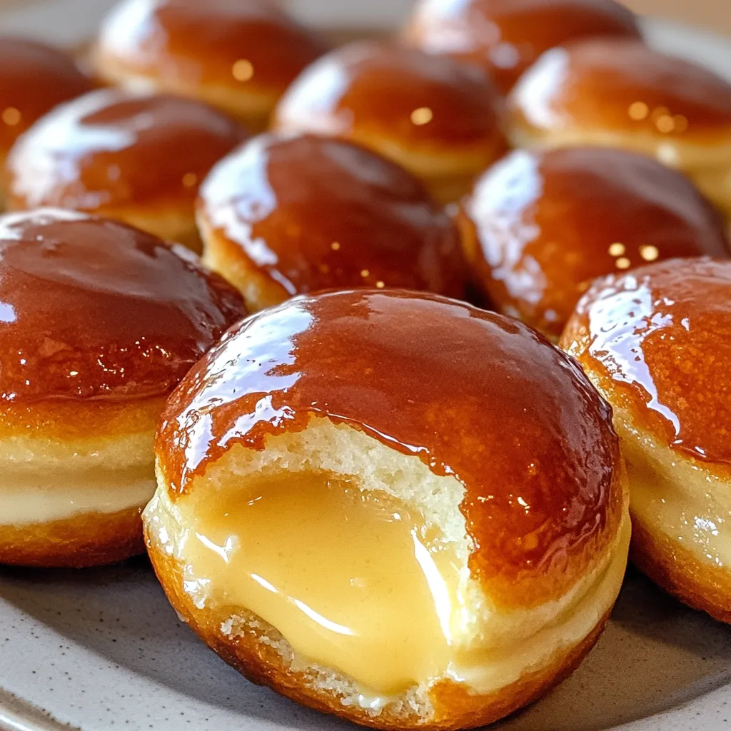 Soft donuts stuffed with smooth custard and topped with caramelized sugar, inspired by crème brûlée.