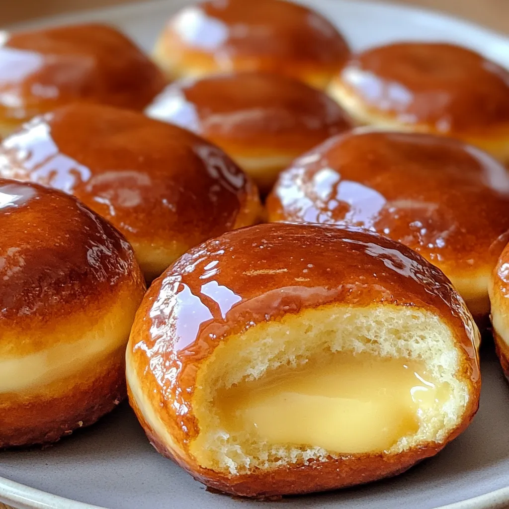 Fluffy donuts stuffed with creamy filling and finished with a hard sugar top, capturing the true taste of crème brûlée.