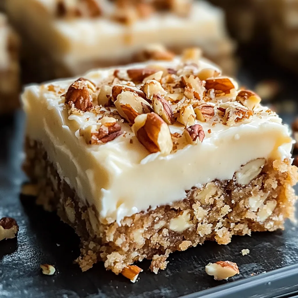 Scrumptious carrot cake bars topped with velvety cream cheese frosting, creating a juicy and tasty dessert.