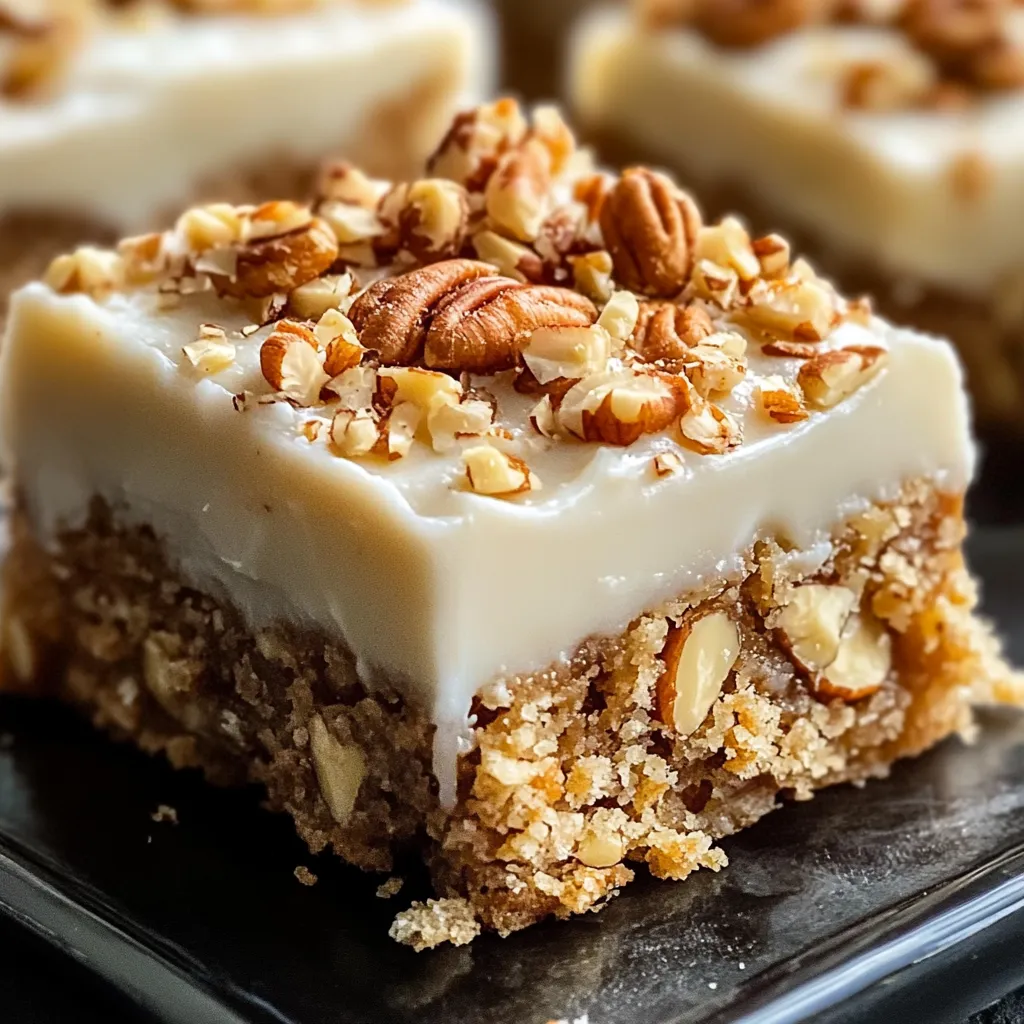 Rich carrot cake squares with fluffy cream cheese topping, perfectly balancing sweetness and spice in each bite.