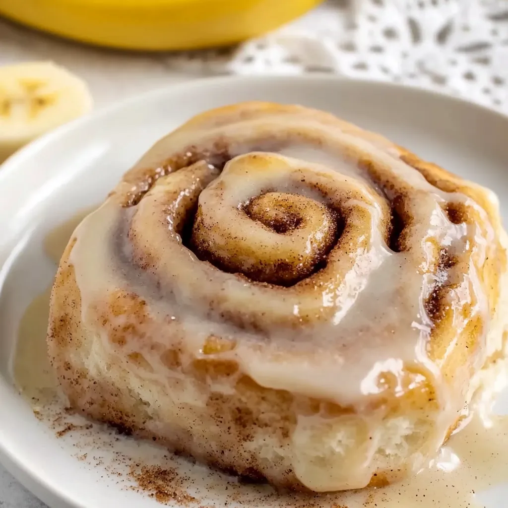 A cozy stack of banana-flavored cinnamon rolls drizzled with cream cheese glaze and snowy cinnamon.
