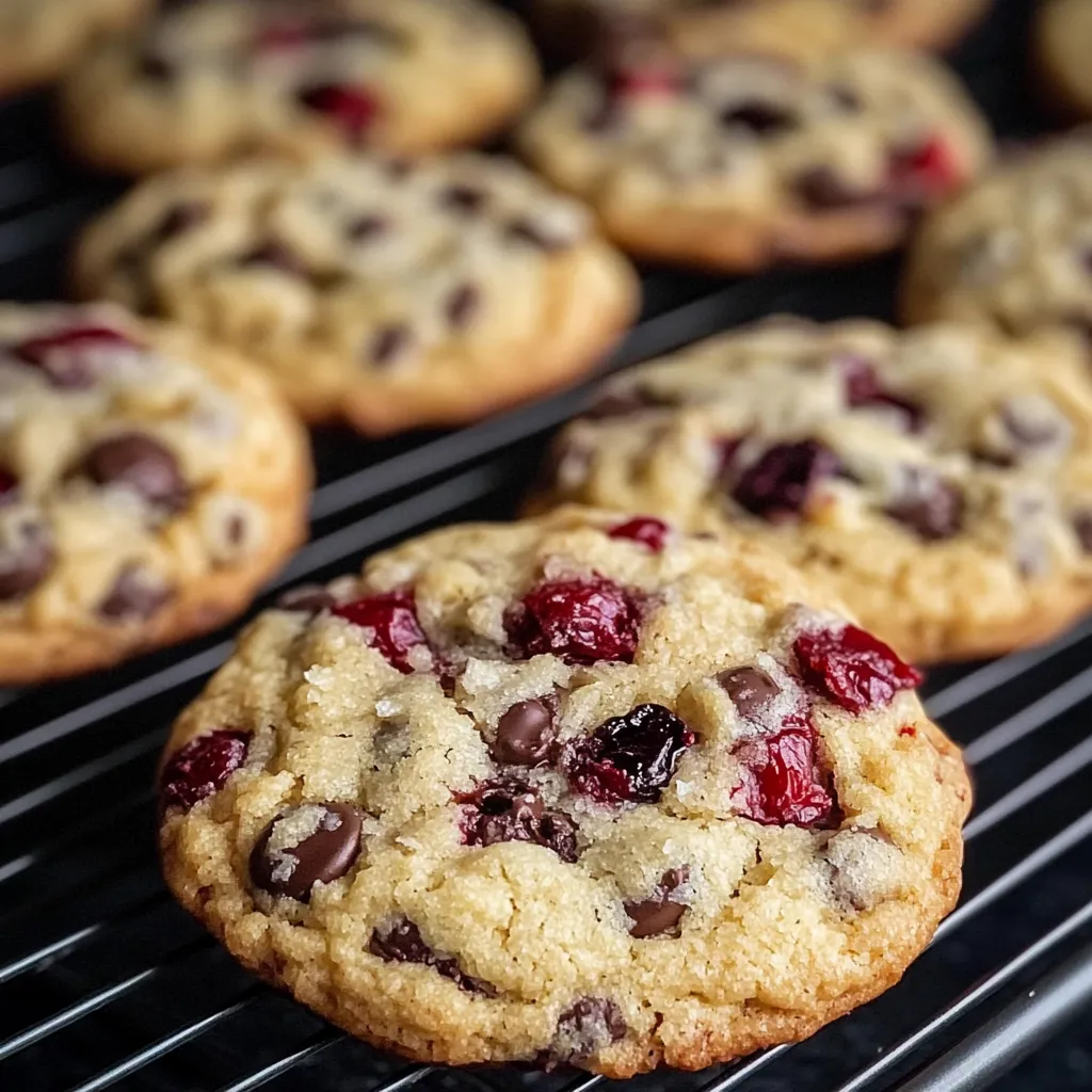A close-up of maraschino cherry chocolate chip cookies.