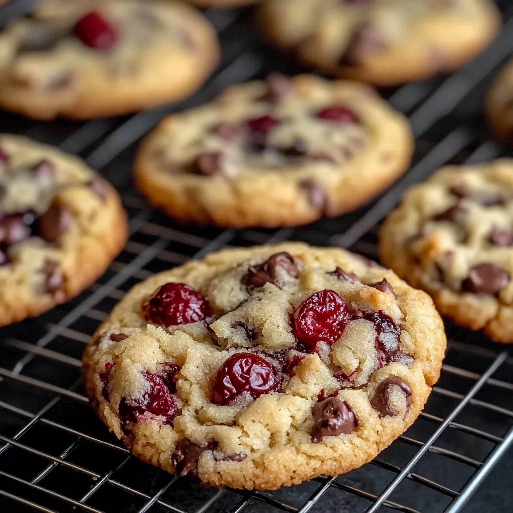A tempting display of maraschino cherry chocolate chip cookies, featuring a blend of sweet cherries and rich chocolate in each cookie.