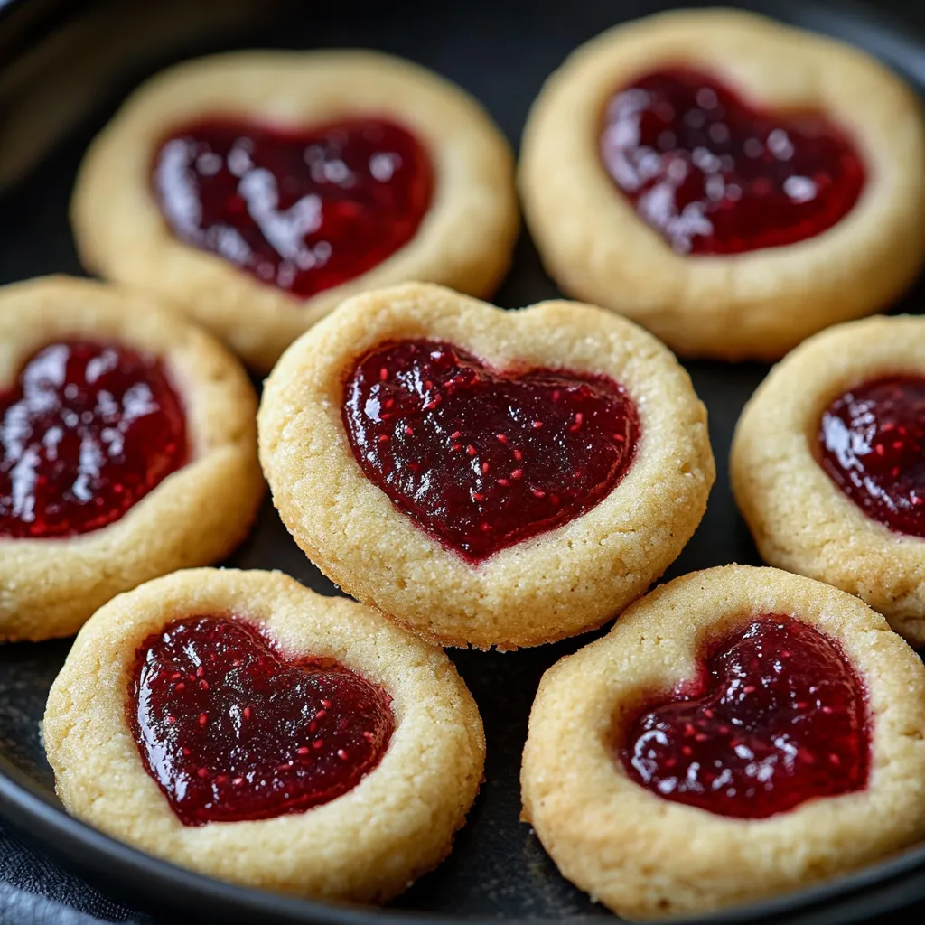 Heart cookies filled with bold red raspberry jam, perfect for a sweet moment.