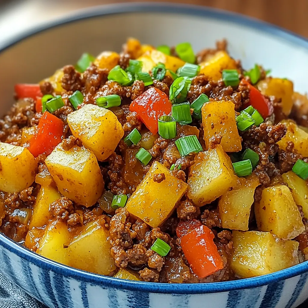 A delicious mix of seasoned ground beef with tender potatoes creating a filling and tasty meal.