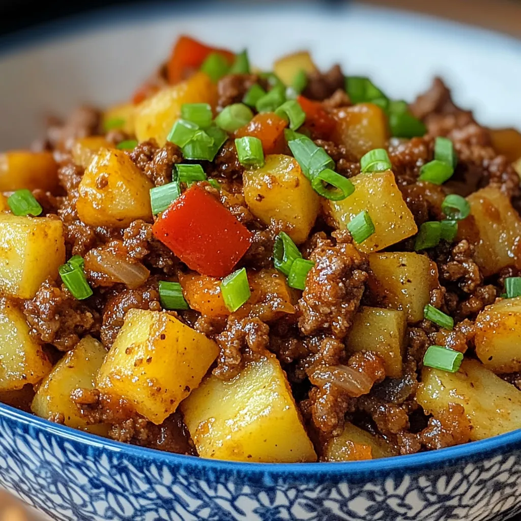 A tempting plate of ground beef and potatoes showing off its mouthwatering mix of flavors and textures.
