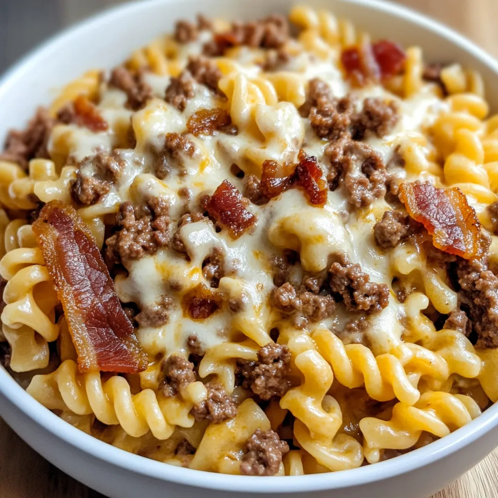 A hearty bowl of pasta mixed with bacon, burger fixings, and velvety sauce for a comfort food meal.