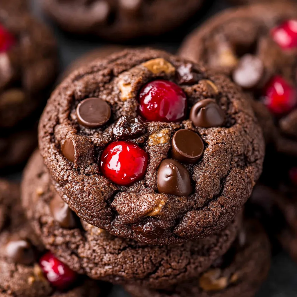 Up-close shot of a Black Forest chocolate chip cranberry cookie with visible chunks of chocolate and bright bits of cranberry.