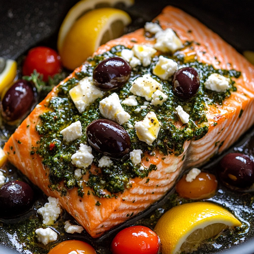 Herby salmon with bright veggies and lemon slice on the side.