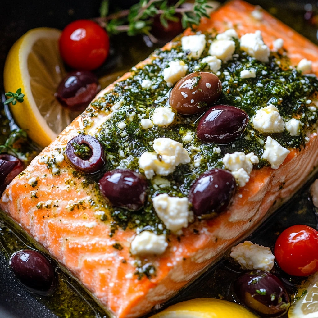 Mediterranean salmon on a plate surrounded by vibrant veggies and a lemon slice.