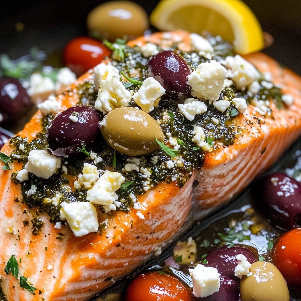 Mediterranean salmon dish with colorful veggies and a wedge of lemon.