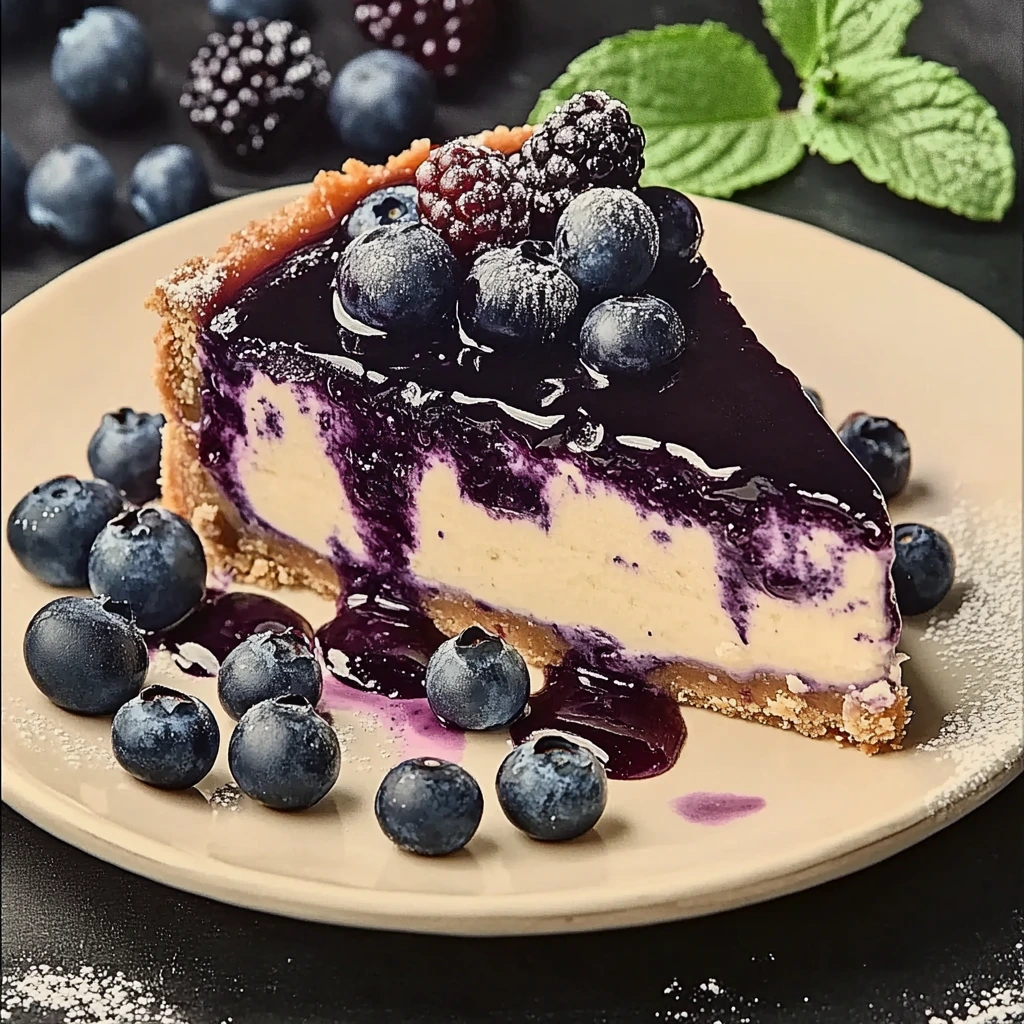 Luxurious blueberry cheesecake crowned with a shiny berry glaze, served on a white plate.