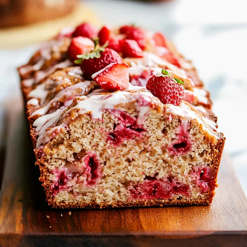 A loaf of freshly baked strawberry bread, showcasing a golden crust.