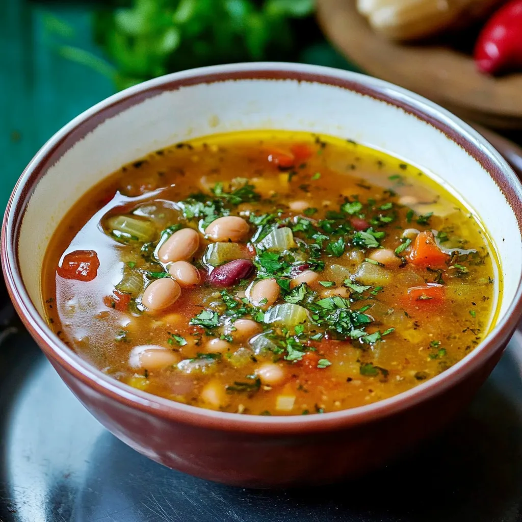 Traditional Romanian bean soup, Ciorba De Fasole, presented in a bowl with herbs.