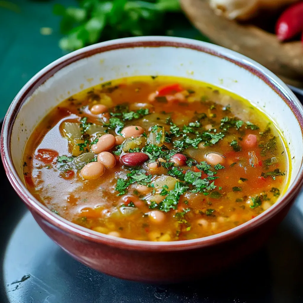 A bowl of traditional Romanian bean soup, ciorba de fasole, garnished with herbs.