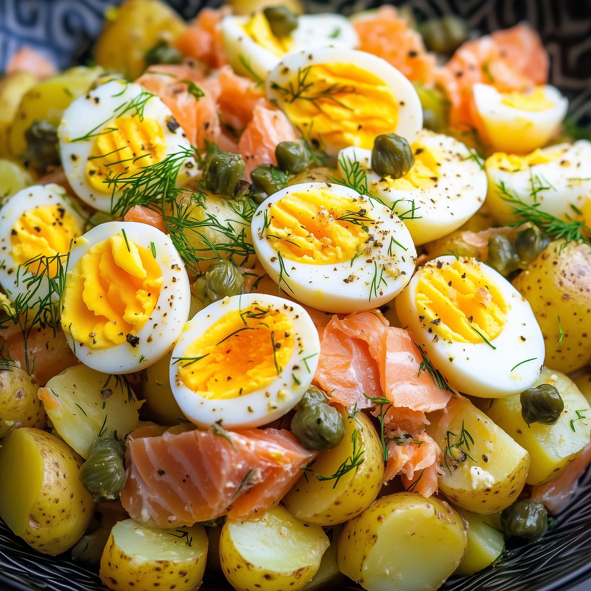 A filling Russian salmon potato salad, featuring jammy eggs, salty capers, and sprigs of dill for extra zing.