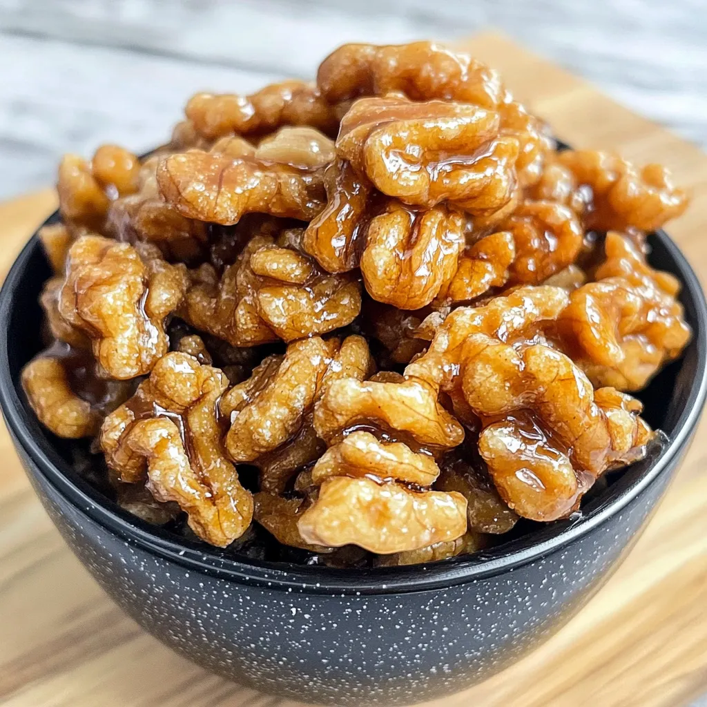 A close-up of keto brown sugar candied walnuts.