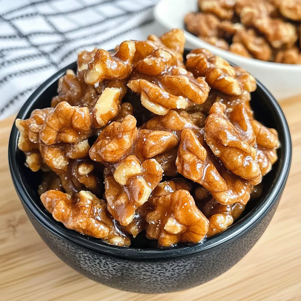 A bowl of keto brown sugar candied walnuts, glistening with a sweet glaze, highlighting their crunchy.