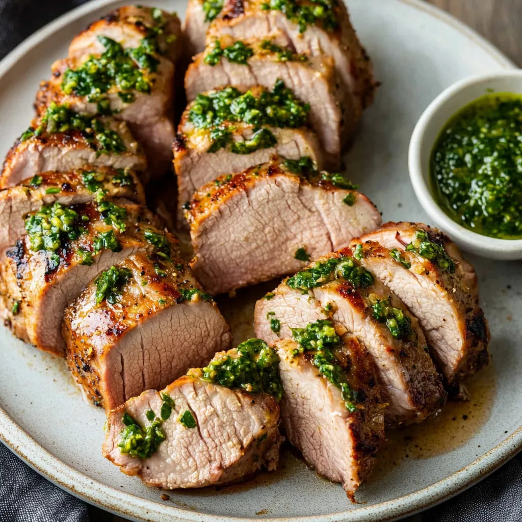 Tender pork tenderloin drizzled with a vibrant green chimichurri sauce.