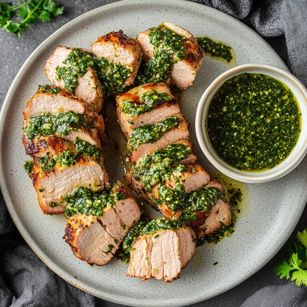Sliced pork tenderloin covered with bright green chimichurri sauce, showing off lots of fresh herbs.