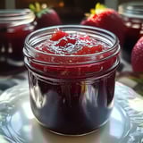 Un petit pot de confiture de framboises est sur un plateau.