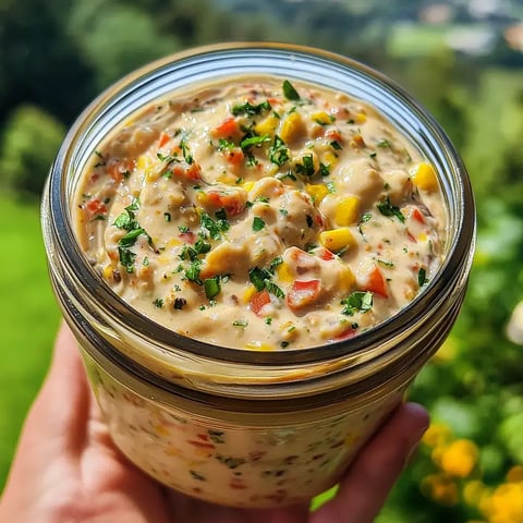 A hand holding a container of thick, chunky dip mixed with diced vegetables and herbs against a green backdrop.