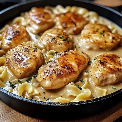 Zoomed-in view of a colorful, buttery one-pan chicken and noodle dish, vibrant and textured.